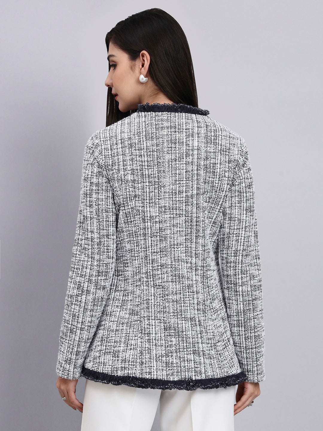 Chic Black and White Warm Tweed  stretchable top Paired With Classic Regular Fit Mid-Rise Parallel Trousers