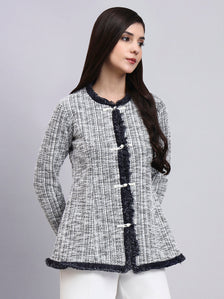 Chic Black and White Warm Tweed  stretchable top Paired With Classic Regular Fit Mid-Rise Parallel Trousers