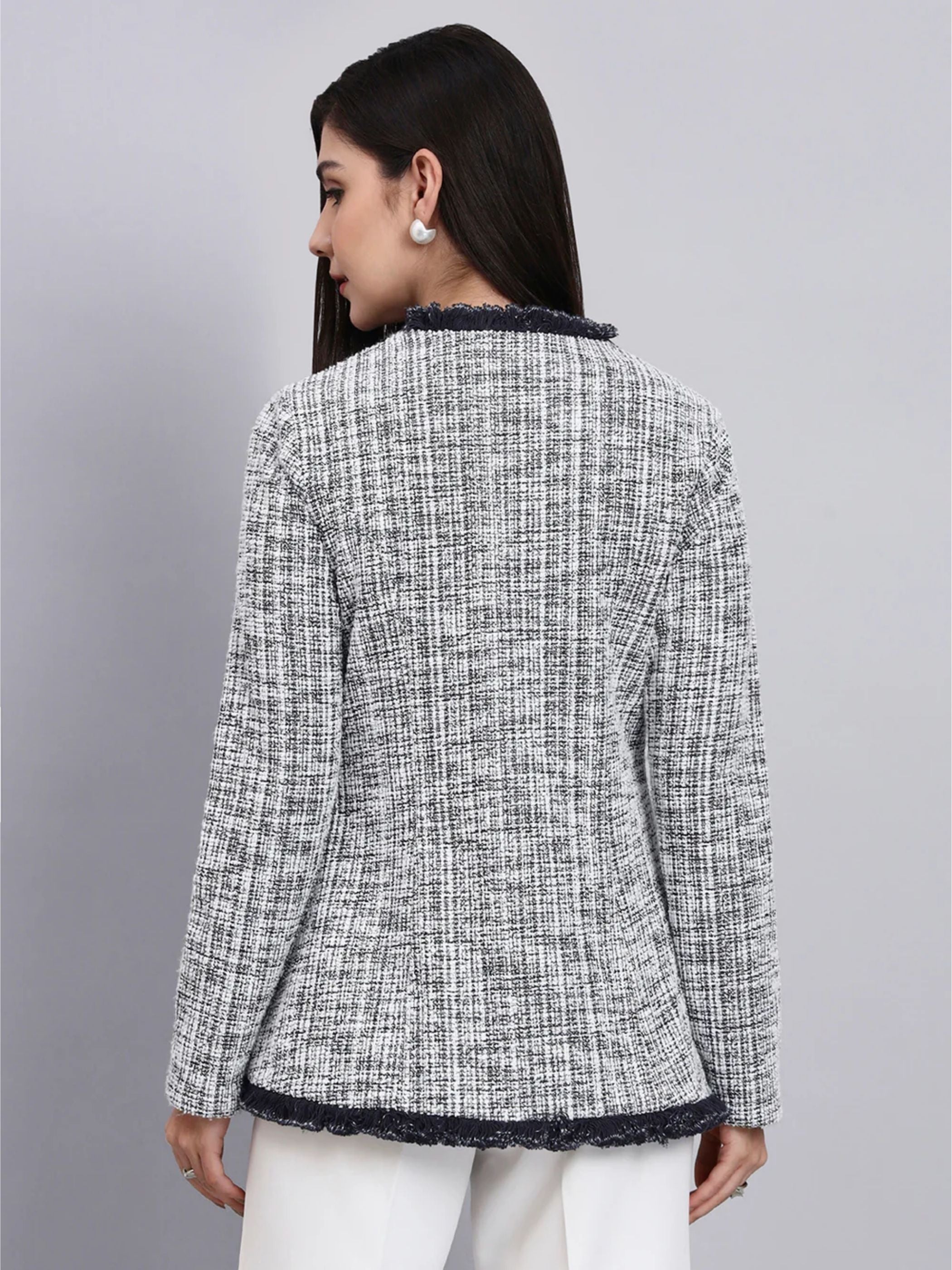 Chic Black and White Warm Tweed  stretchable top Paired With Classic Straight Fit High-Rise Pleated Trousers