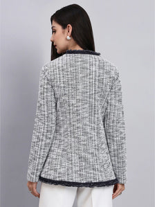 Chic Black and White Warm Tweed  stretchable top Paired With Classic Straight Fit High-Rise Pleated Trousers
