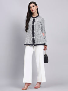 Chic Black and White Warm Tweed  stretchable top Paired With Classic Regular Fit Mid-Rise Parallel Trousers