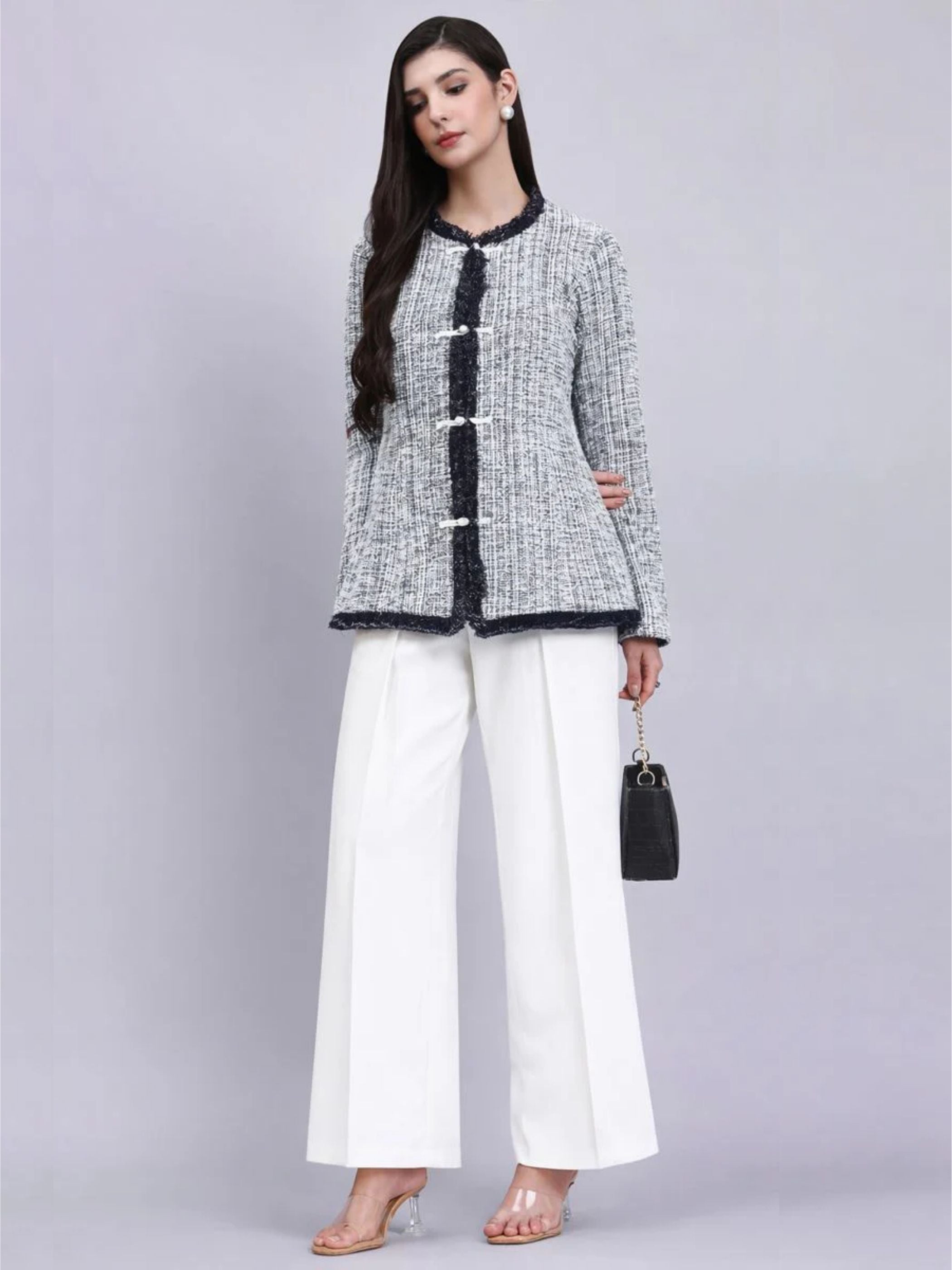 Chic Black and White Warm Tweed  stretchable top Paired With Classic Straight Fit High-Rise Pleated Trousers