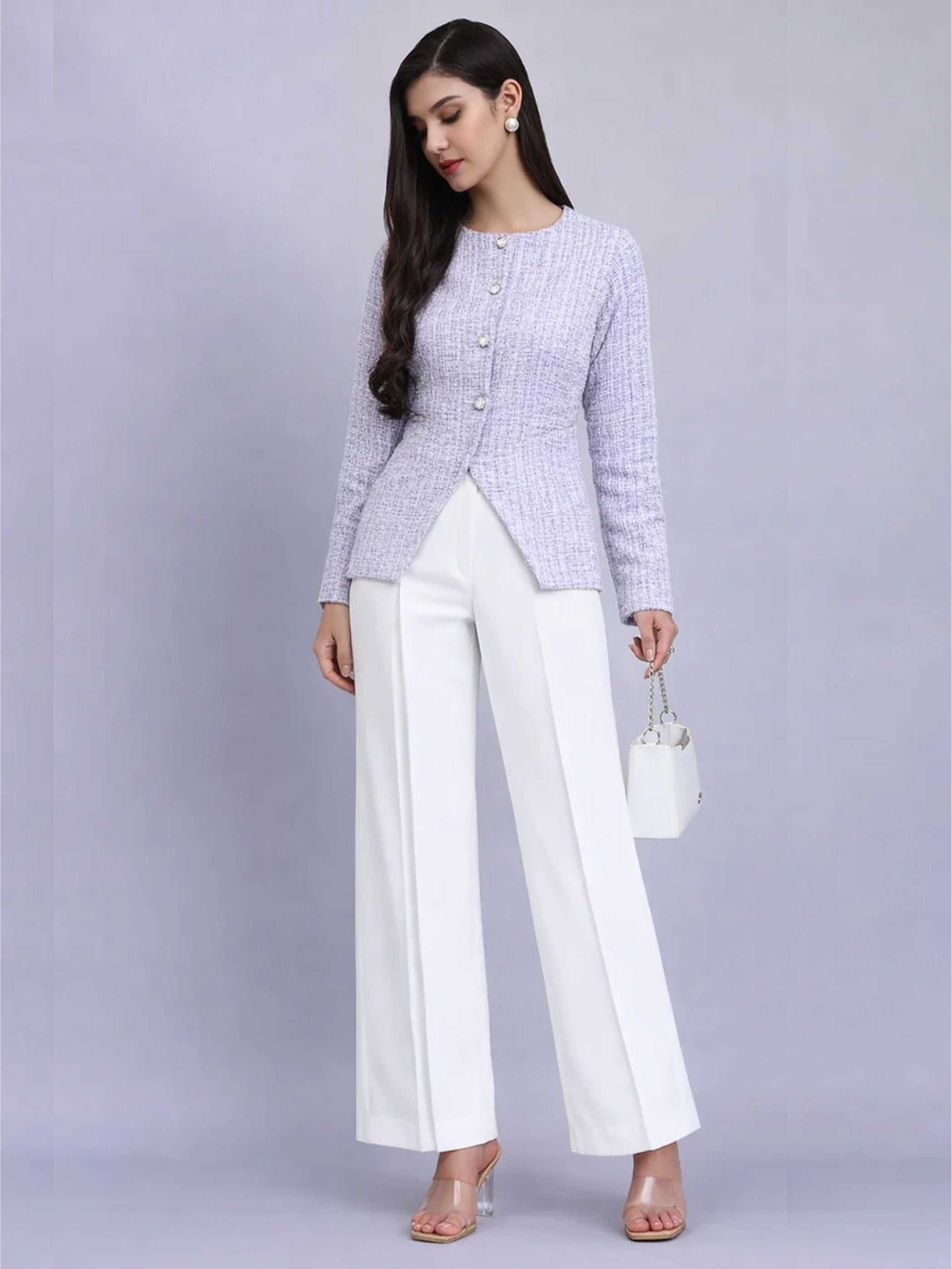 Elegant lavender Warm Tweed Stretchable top Paired With Classic Straight Fit High-Rise Pleated Trousers