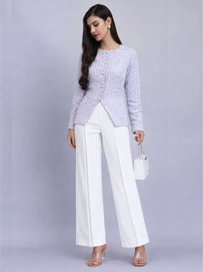 Lavender Warm Tweed Stretchable top With White Straight Fit Trousers
