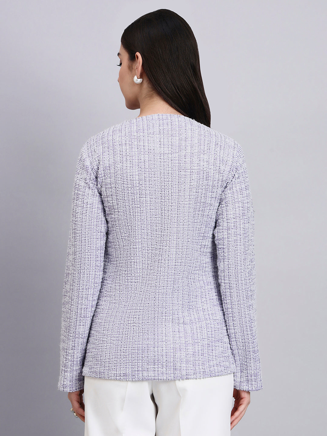 Elegant lilac textured Stretchable top with pearl button detailing and a sleek front-slit silhouette Paired With Classic Regular Fit Mid-Rise Parallel Trousers