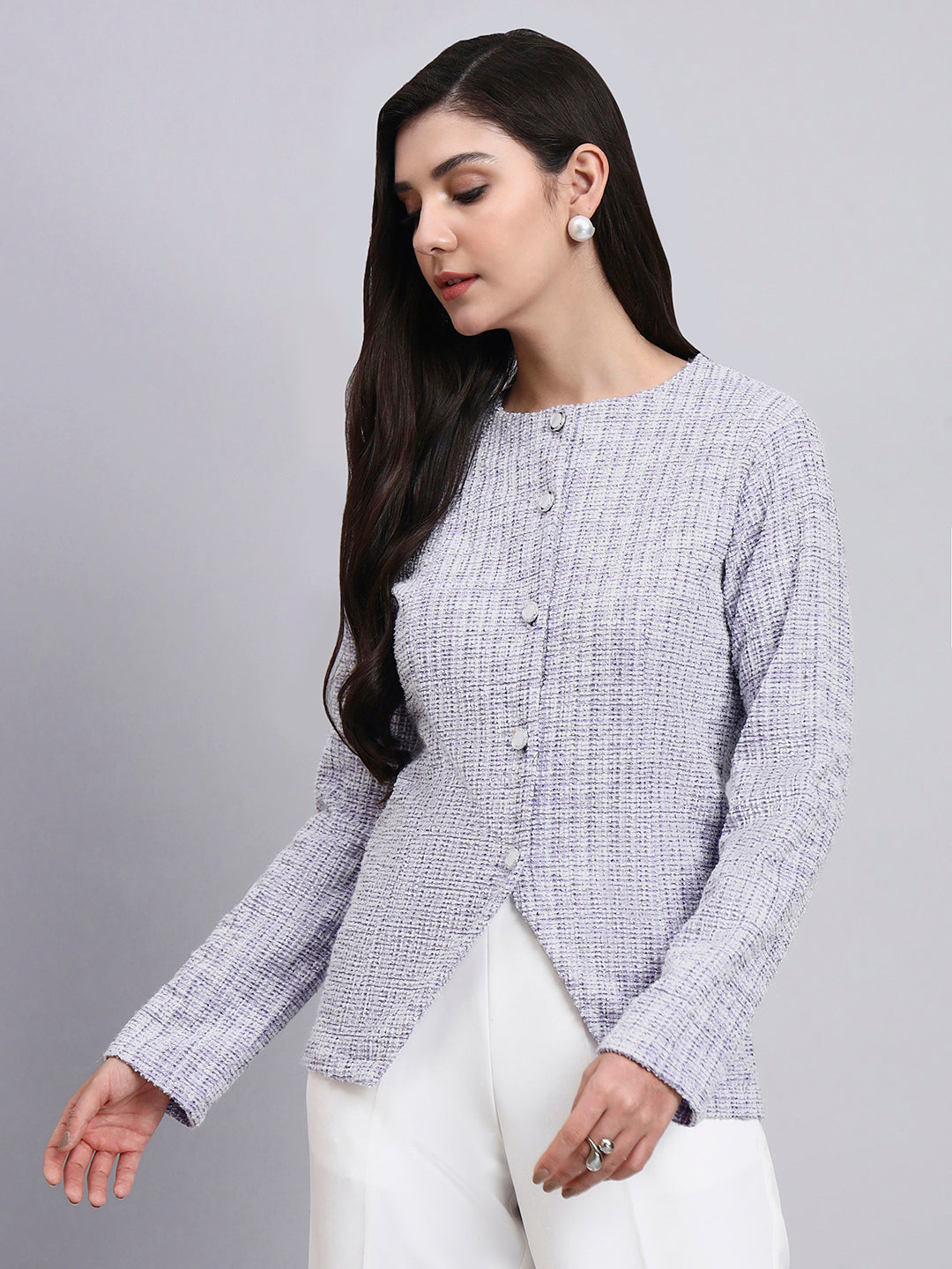 Elegant lilac textured Stretchable top with pearl button detailing and a sleek front-slit silhouette Paired With Classic Regular Fit Mid-Rise Parallel Trousers