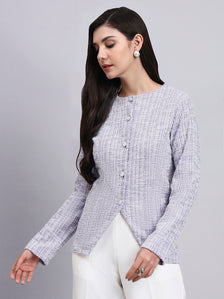 Elegant lilac textured Stretchable top with pearl button detailing and a sleek front-slit silhouette Paired With Classic Regular Fit Mid-Rise Parallel Trousers