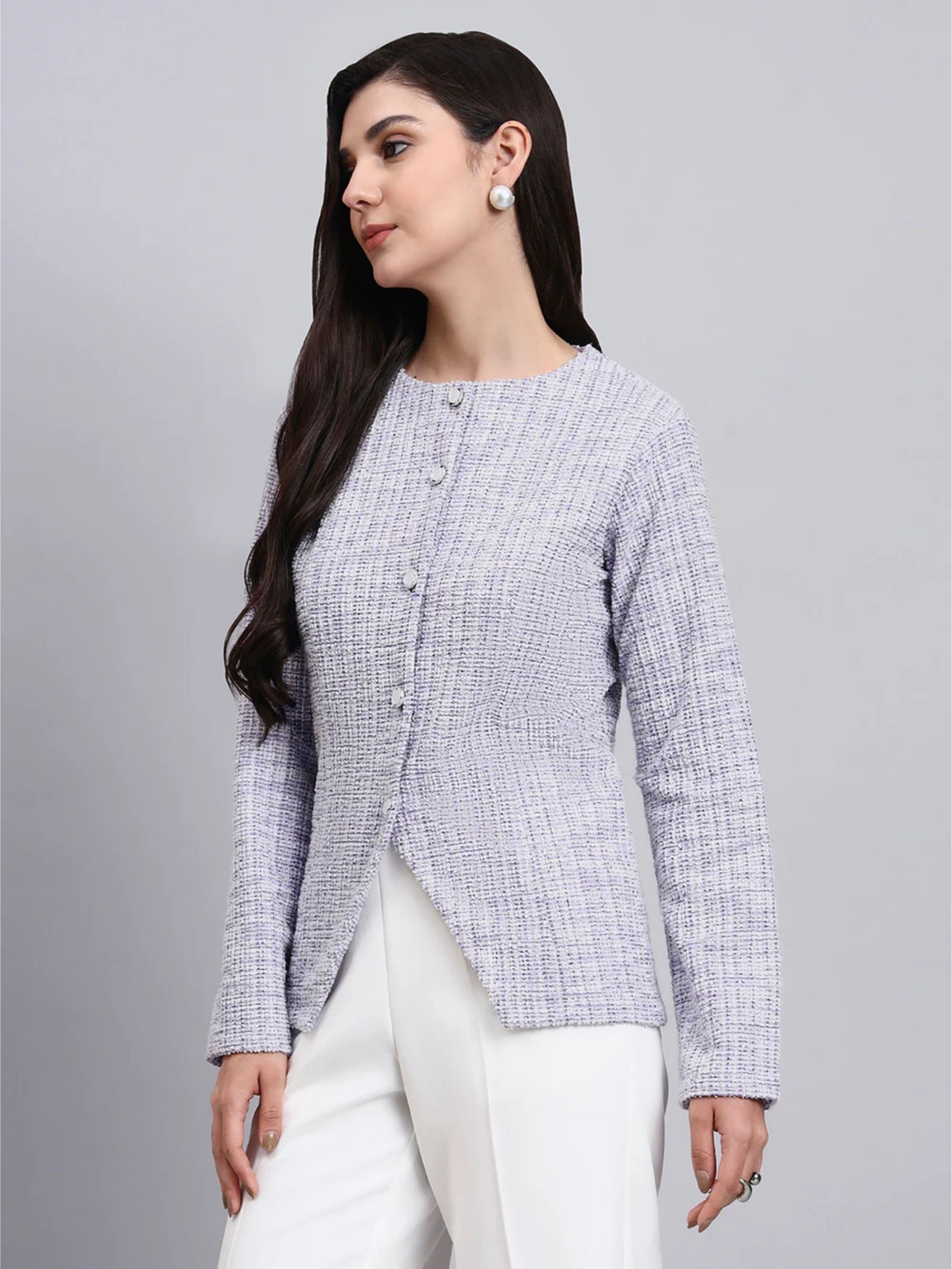 Lavender Warm Tweed Stretchable top With White Straight Fit Trousers