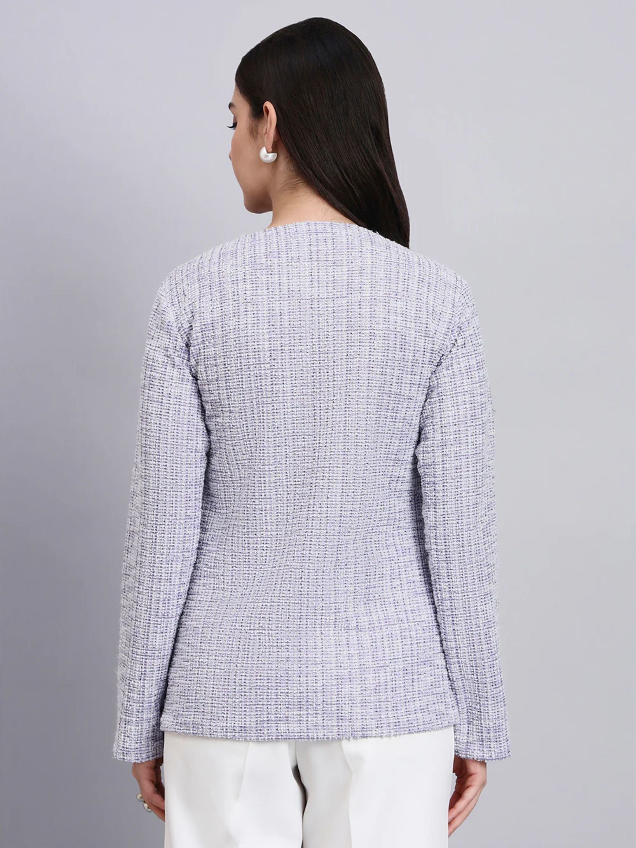 Lavender Warm Tweed Stretchable top With White Straight Fit Trousers