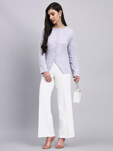 Elegant lilac textured Stretchable top with pearl button detailing and a sleek front-slit silhouette Paired With Classic Regular Fit Mid-Rise Parallel Trousers