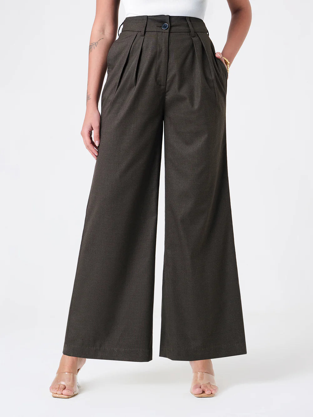 Women Dark Brown Stretch High Rise Pleated Trouser