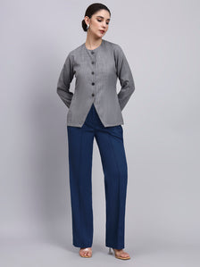 Tailored Grey Textured co-ord set featuring metallic button with Flared Navy Blue Pants
