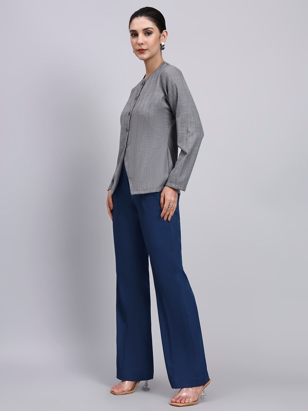 Women Tailored Grey Textured top with Flared Navy Blue Pants co-ord set