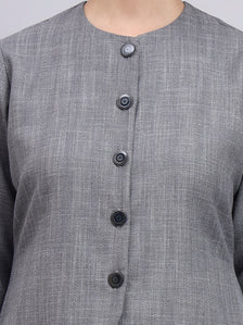 Tailored Grey Textured co-ord set featuring metallic button with Flared Navy Blue Pants