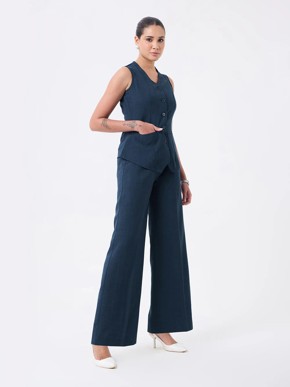 Women Navy Blue Sleeveless Co-ord Set