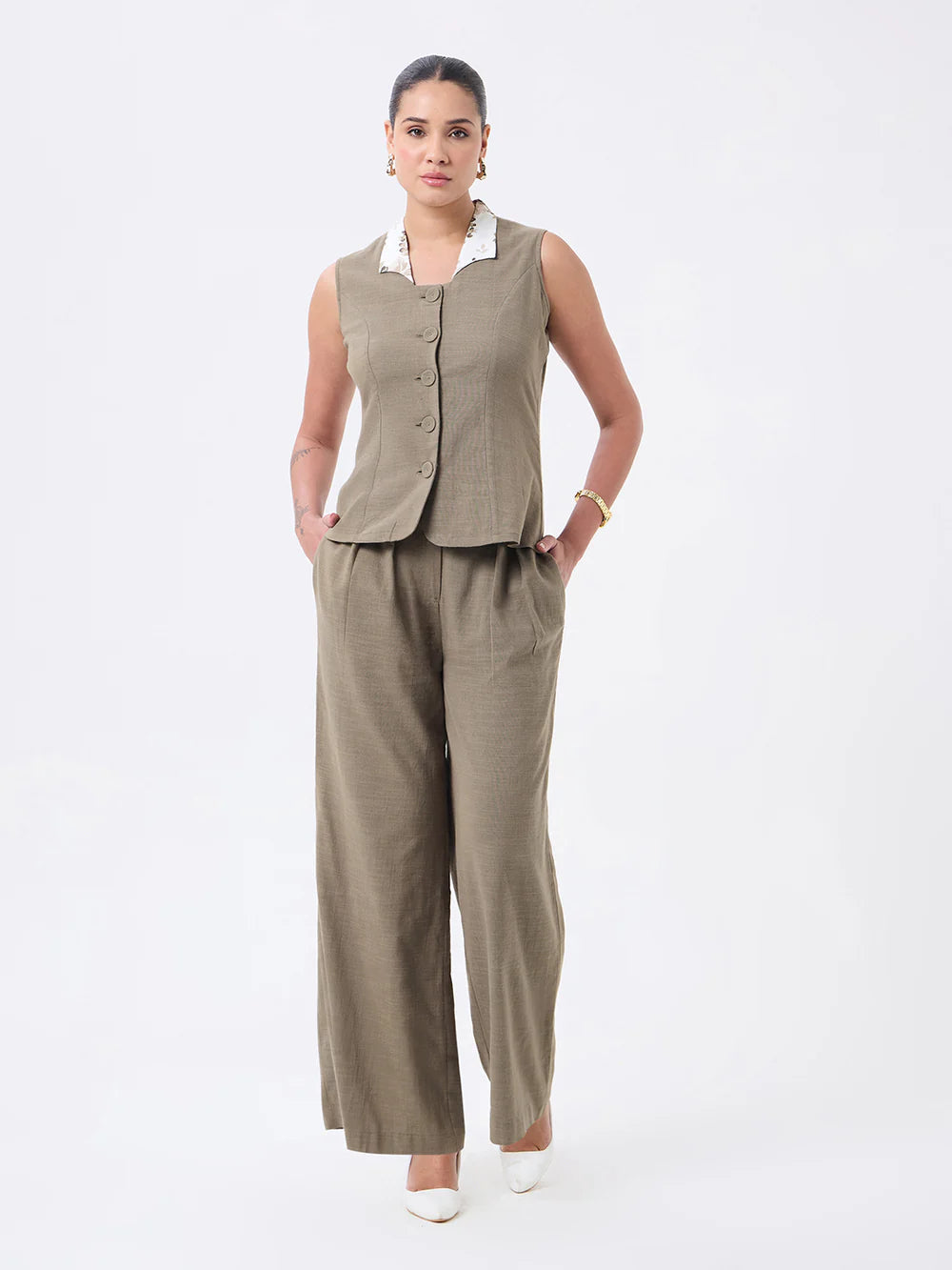 Earthy neutral tone sleeveless vest Co-ord set