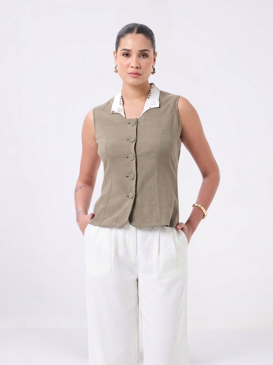 Women Olive Green Waistcoat Top