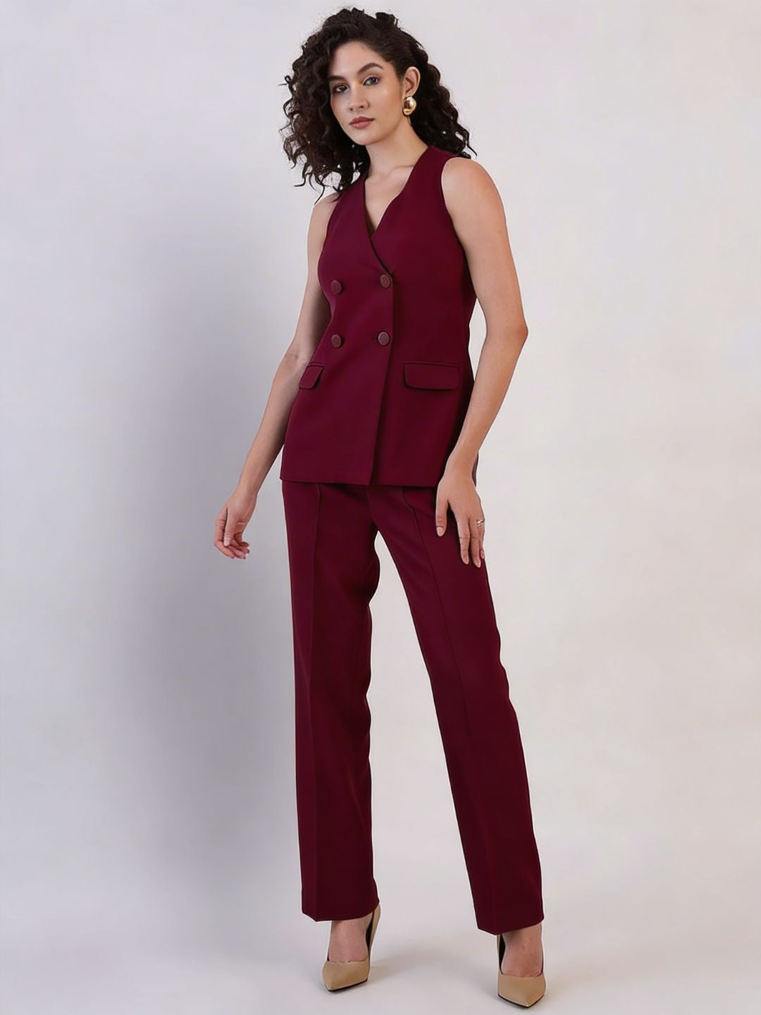 Women Burgundy Double Breasted Co-ord Set