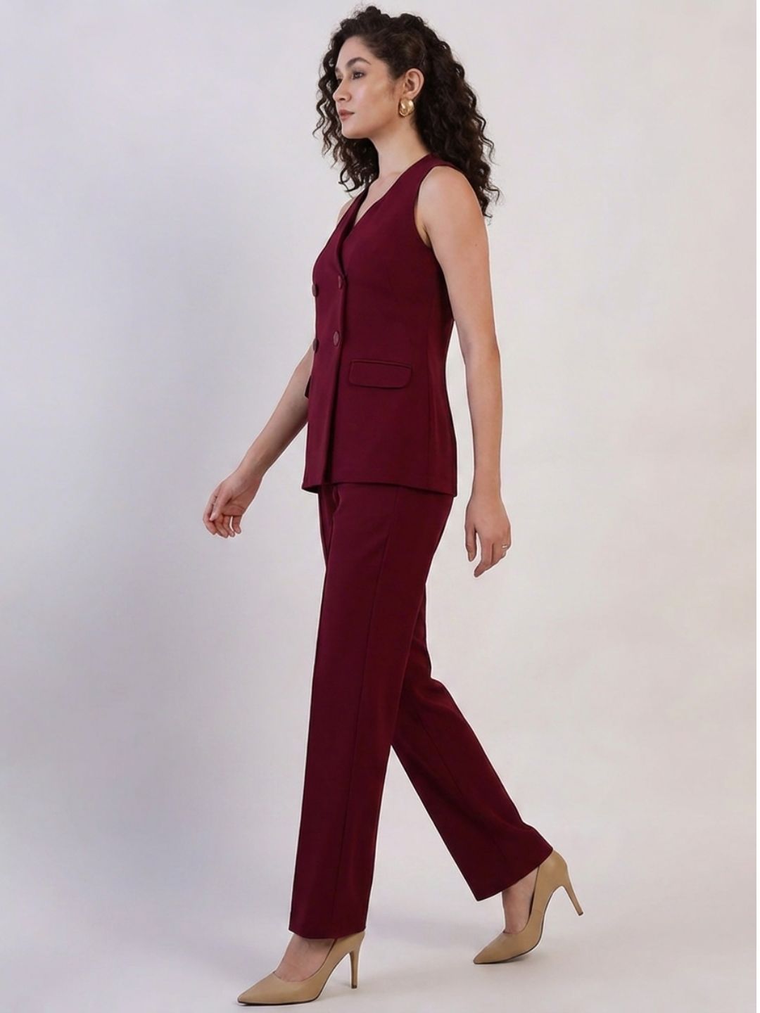 Women Burgundy Double Breasted Co-ord Set