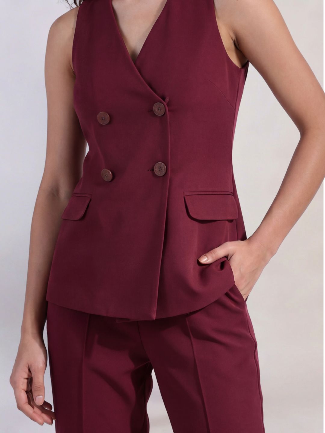 Women Burgundy Double Breasted Co-ord Set