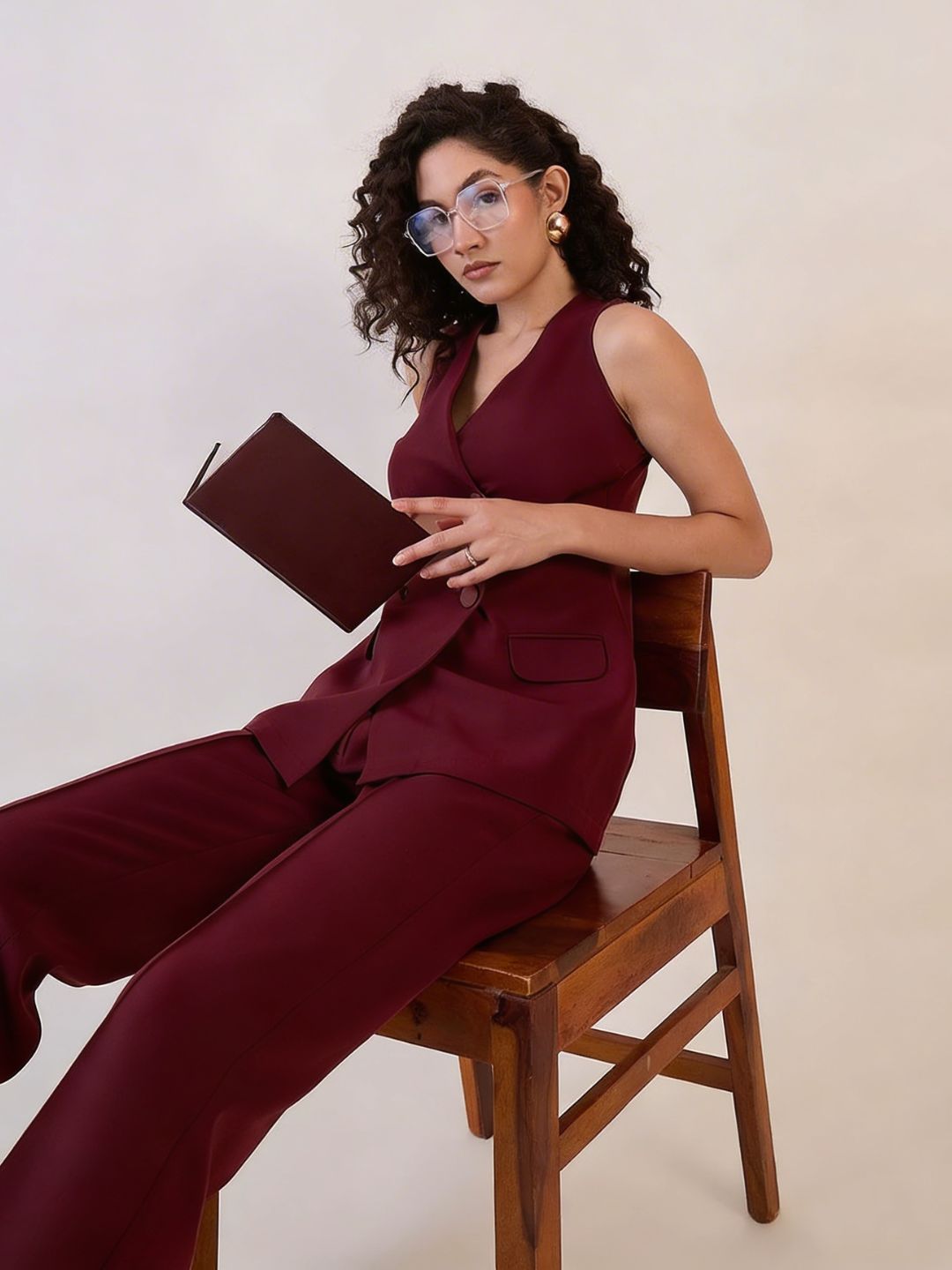 Women Burgundy Double Breasted Co-ord Set