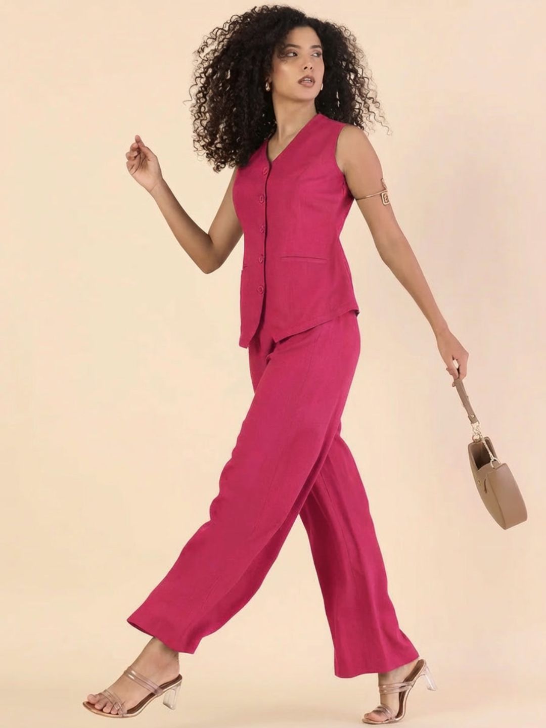 Women Hot Pink Sleeveless Co-Ord Set