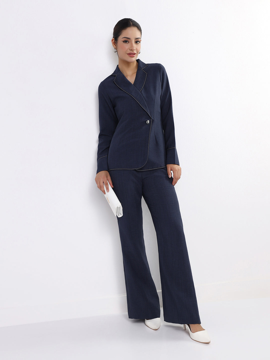 Women Navy Blue Blazer Style Co-Ord Set