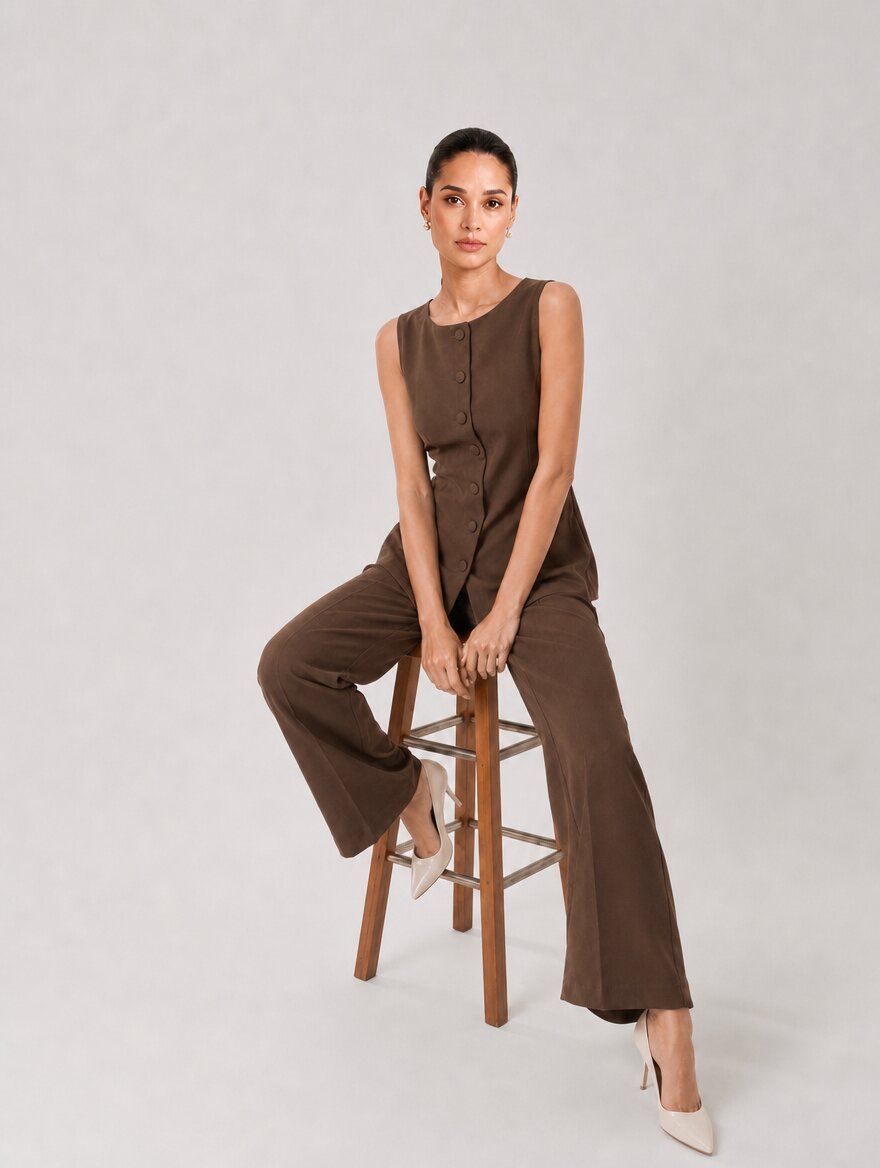 Women Brown Boat Neck Co-Ord Set