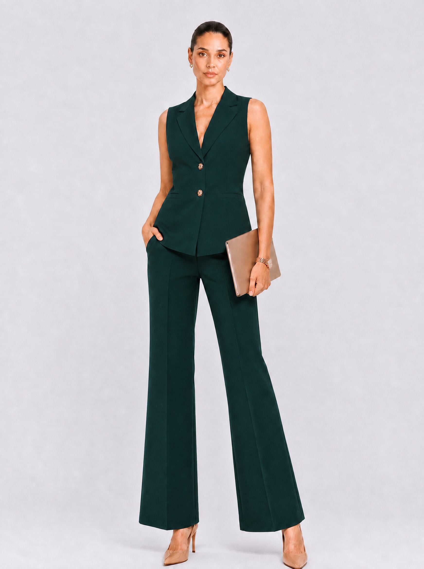 Womens Bottle Green  Sleeveless Single-Breasted Co-ord Set