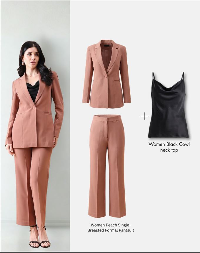 Women Peach Pantsuit with black cowl neck top