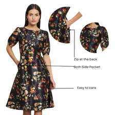Printed Silk A-Line dress- Black