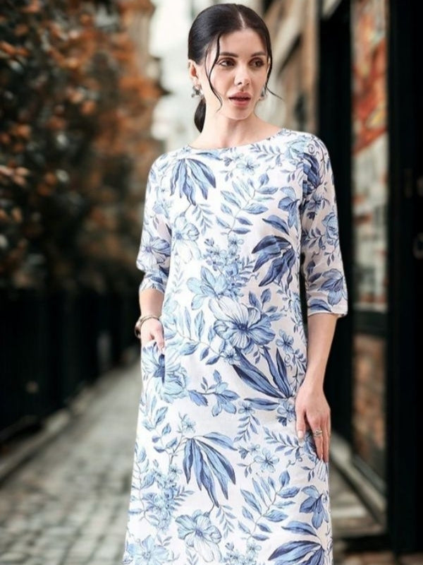 Women Floral Printed Boat Neck Cotton A-Line Dress