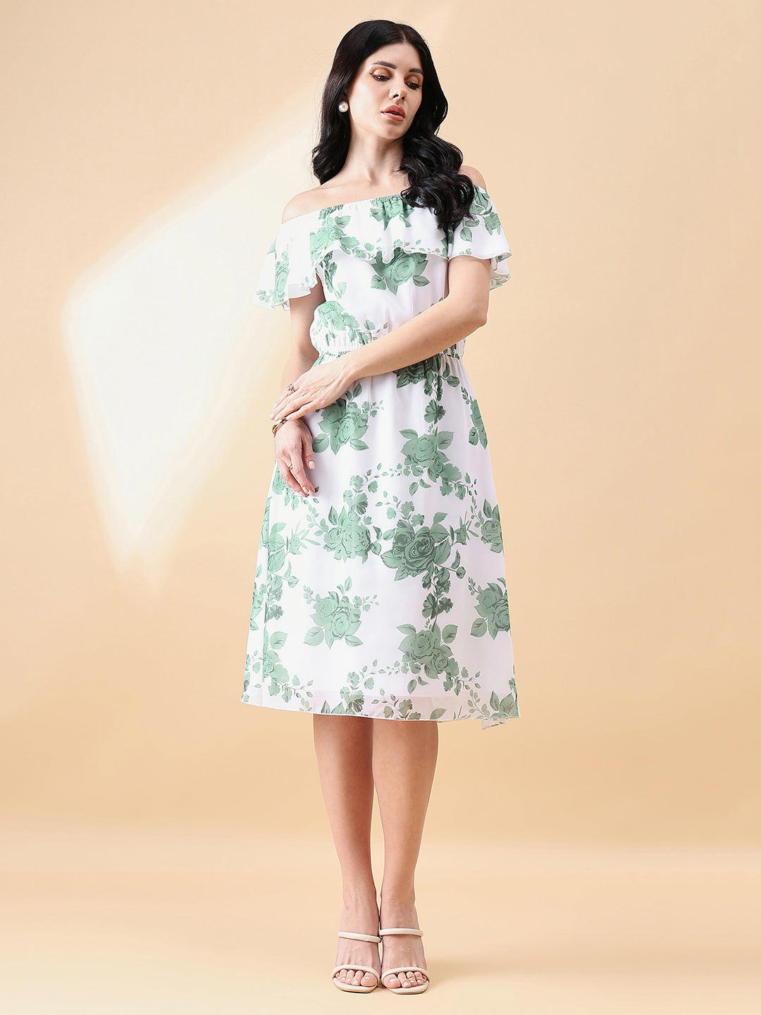 Frill Floral Dress - Green & White