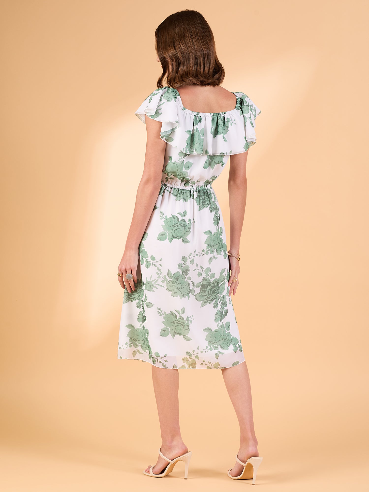 Frill Floral Dress - Green & White