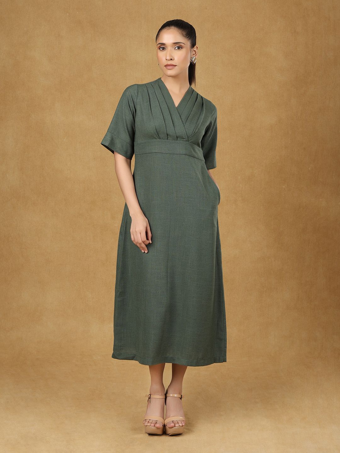 Green Wrap Neck Midi Dress