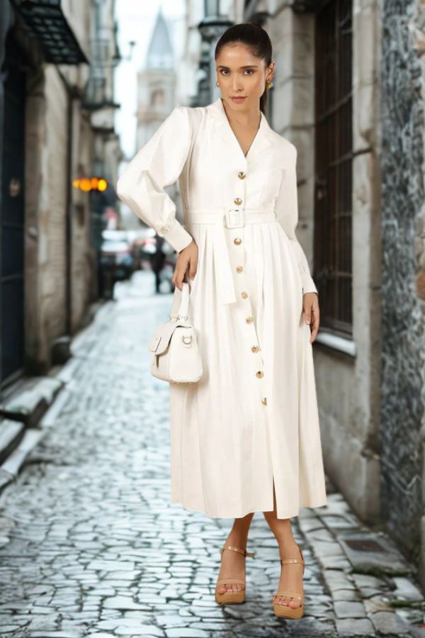 Women White Solid Notched Collar Midi Dress