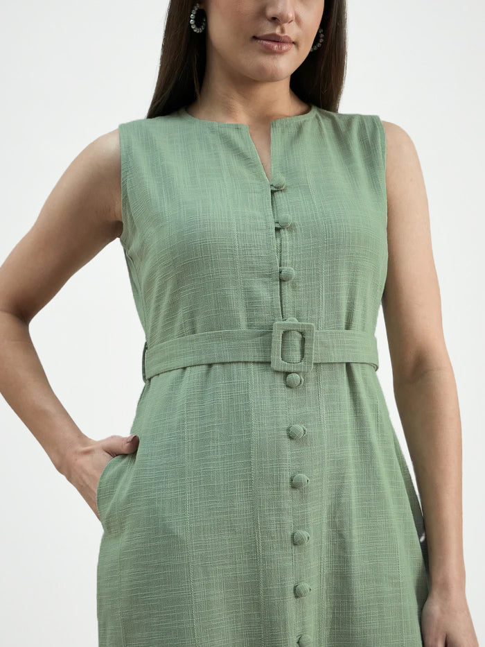 Women Button-Down Cotton Blend Sleeveless Shirt Dress