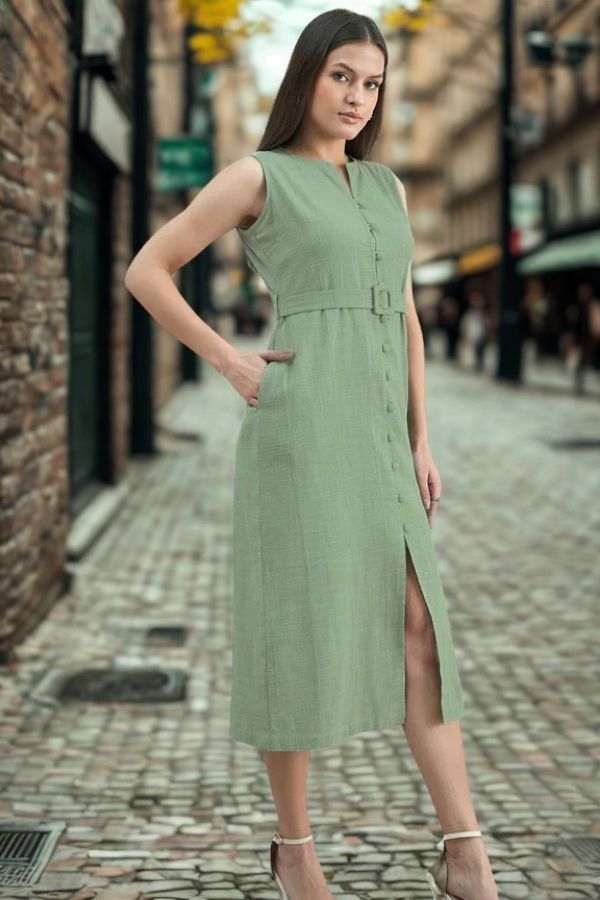 Women Button-Down Cotton Blend Sleeveless Shirt Dress