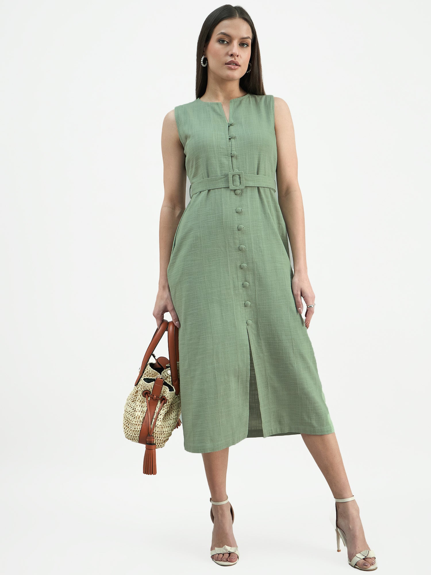 Women Button-Down Cotton Blend Sleeveless Shirt Dress