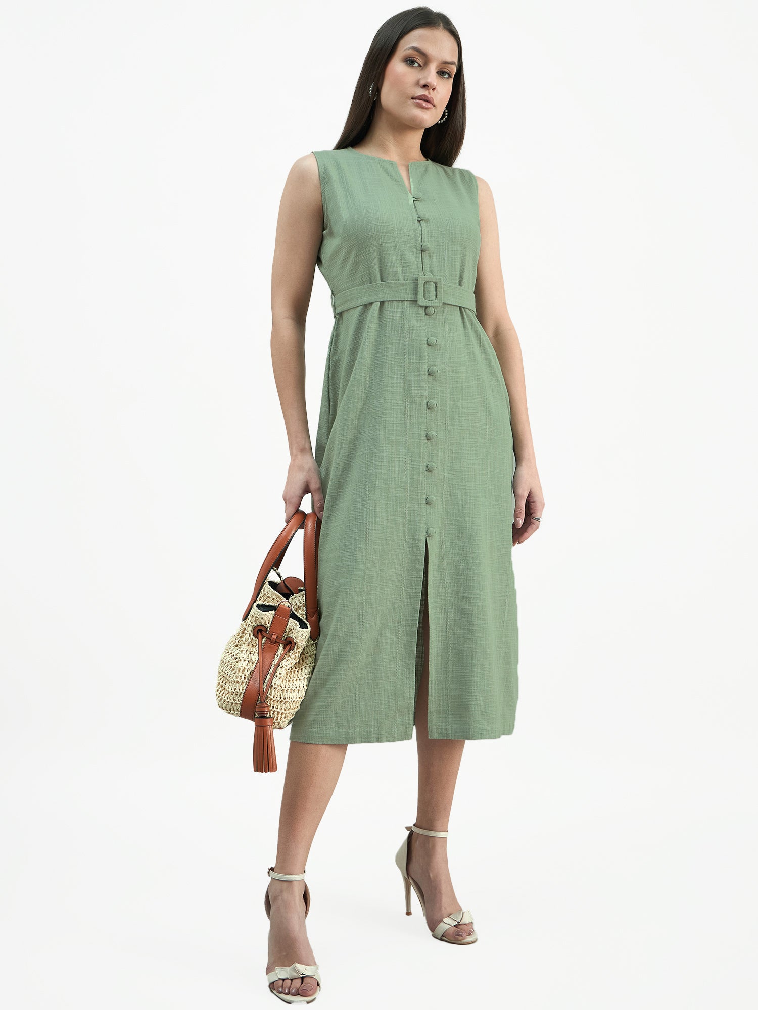 Women Button-Down Cotton Blend Sleeveless Shirt Dress