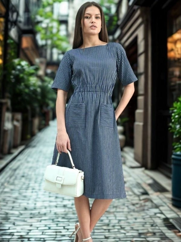 Women Cotton Striped A-Line Dress
