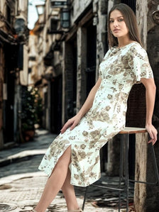 Women White & Beige Elegant Floral Print Round-Neck Midi Dress In Linen Blend