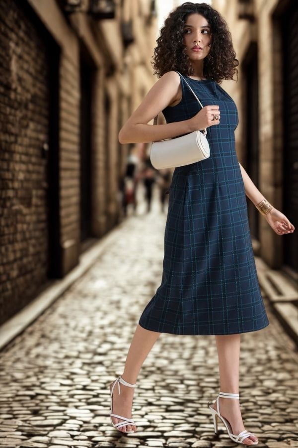 Women Structured A-line Boat-Neck Sleeveless Checkered Midi Dress In 4-Way Stretch