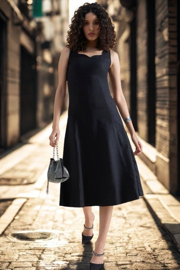 Women Structured Sweetheart-Neck Linen Lycra Black Stretchable Midi Dress
