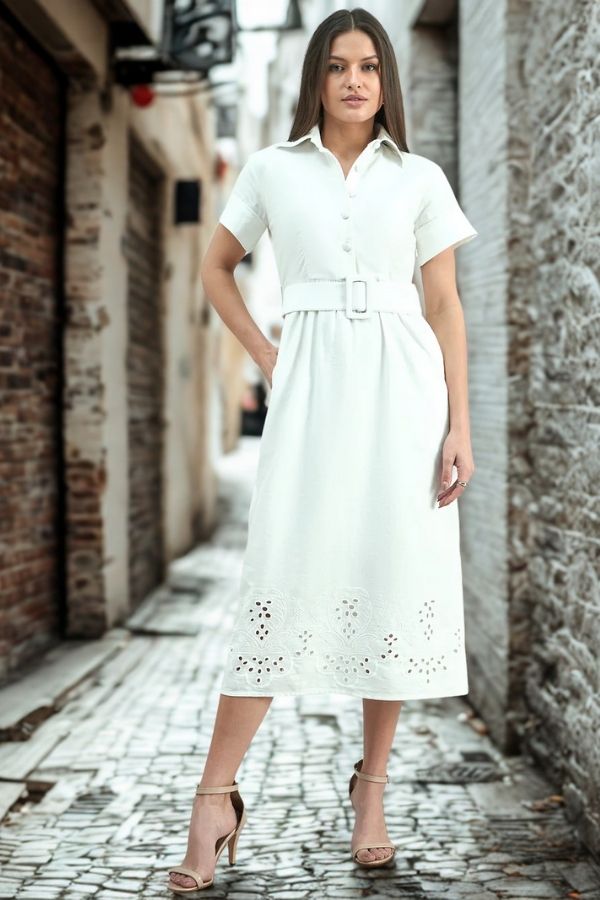 Women Cotton Schiffli A-Line Dress With Belt