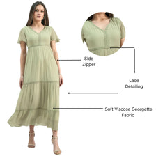Tiered Lace Detailed Georgette Midi Dress With Delicate Flutter Sleeve