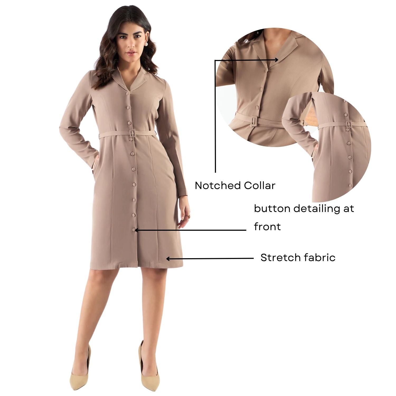 Classic Beige Tailored Above Knee Length Dress With Notched Collar In Stretchable Fabric