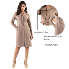 Classic Beige Tailored Above Knee Length Dress With Notched Collar In Stretchable Fabric