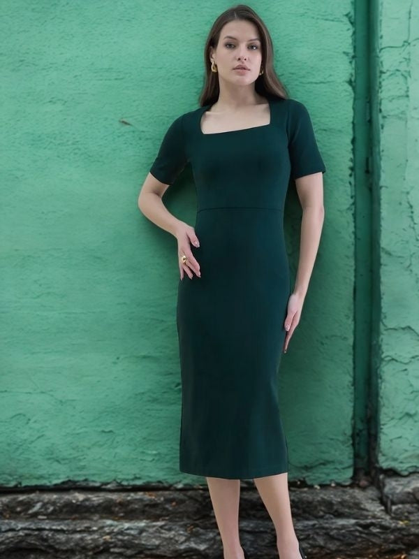Women Square Neck Bodycon Midi Dress