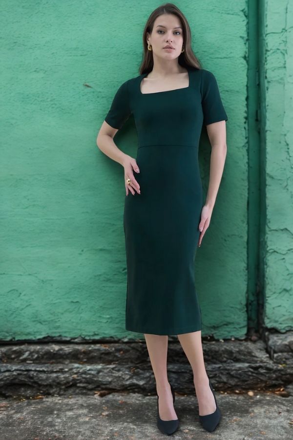 Women Square Neck Bodycon Midi Dress